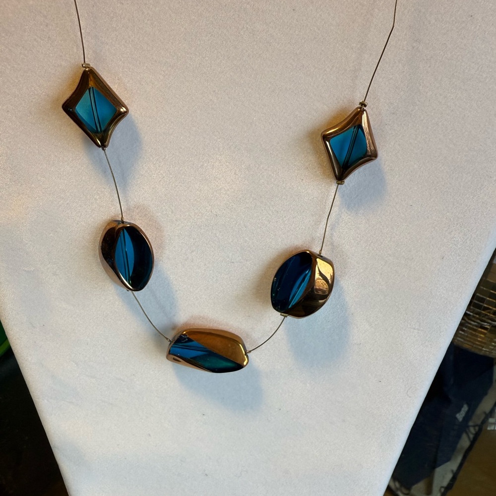 Necklace Copper Color/ Metal W Turquoise Glass Discs Original, Artsy, Paris